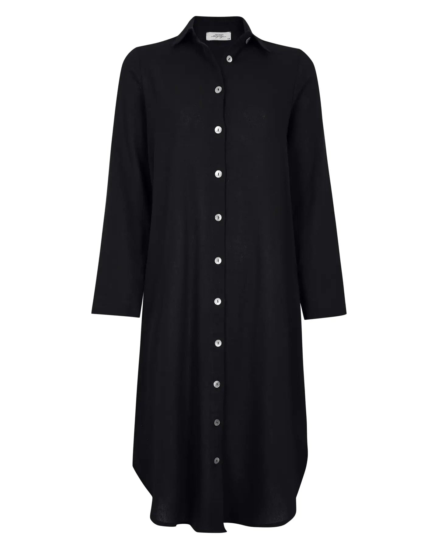 Black button-up dress on a white background