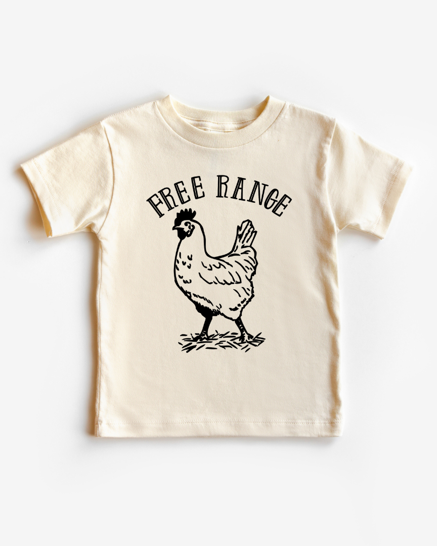 Beige t-shirt with a chicken graphic and 'Free Range' text on a white background