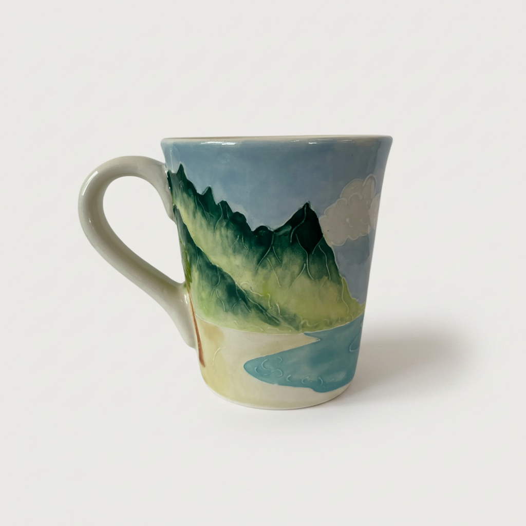 A hand-painted ceramic mug with a tropical landscape design, featuring a mountain range, a beach, and a clear blue sky. bali hai