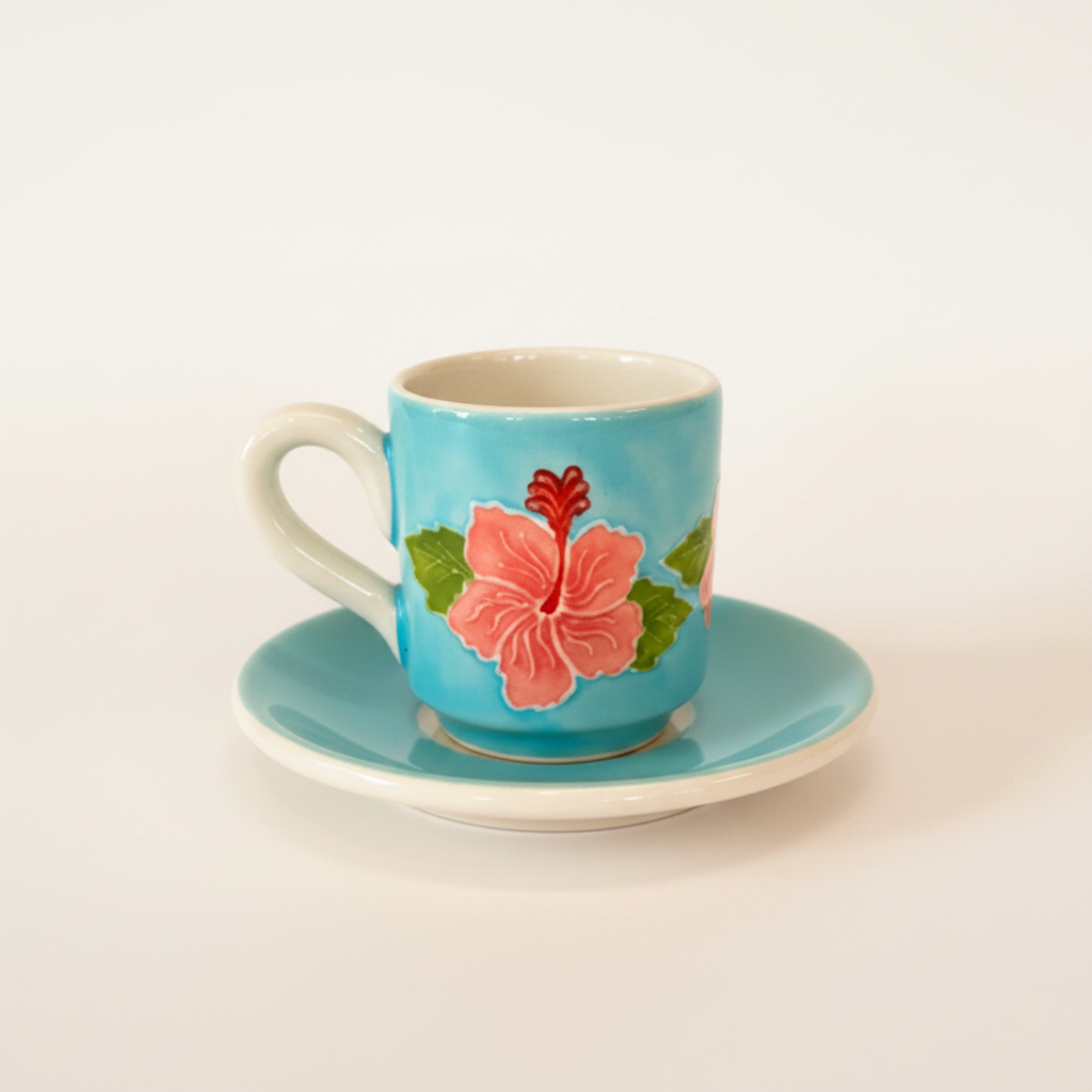 Turquoise ceramic espresso cup with saucer, decorated with hand-painted hibiscus flowers in pink with green leaves, on a white background.