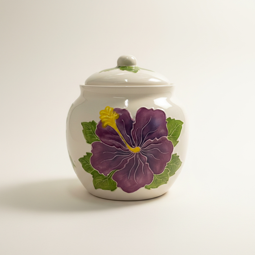 Ceramic jar with a purple flower design on a white background