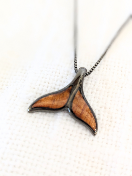 Hawaiian Koa Whale Tail Necklace - Gunmetal