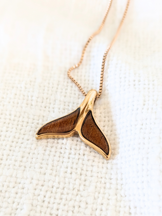 Hawaiian Koa Whale Tail Necklace - Rose Gold