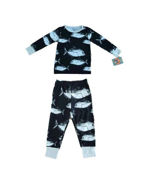 Children's pajama set with fish pattern on a white background