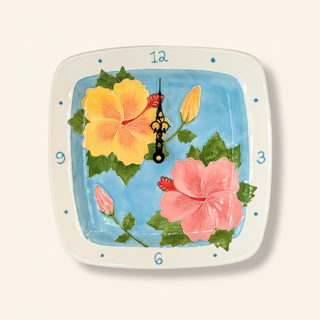 A hand-painted ceramic square plate clock featuring a bright yellow hibiscus design with a white background, black hands, and markers, set against a textured white background.