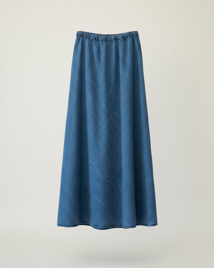 Blue-colored linen skirt with a textured pattern