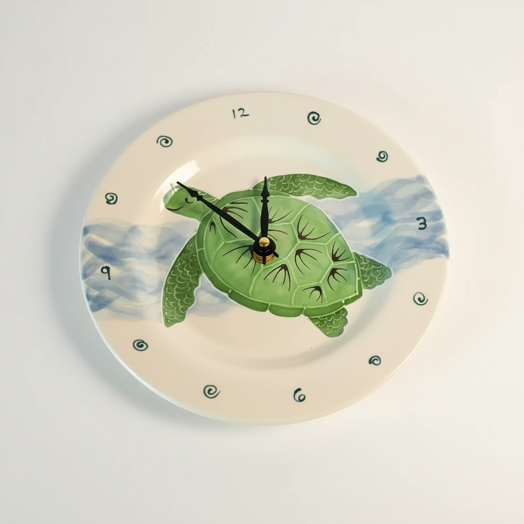 A round wall clock featuring a painted sea turtle on a plate-like white face with blue water motifs and black hands.