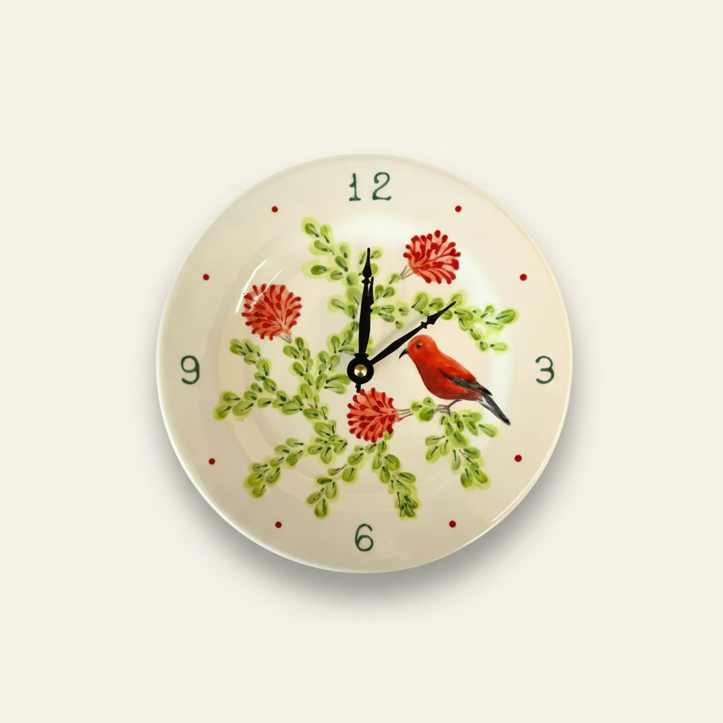 A round ceramic plate clock featuring hand-painted floral and bird designs, predominantly in red and green, with a white background and a black clock hand.