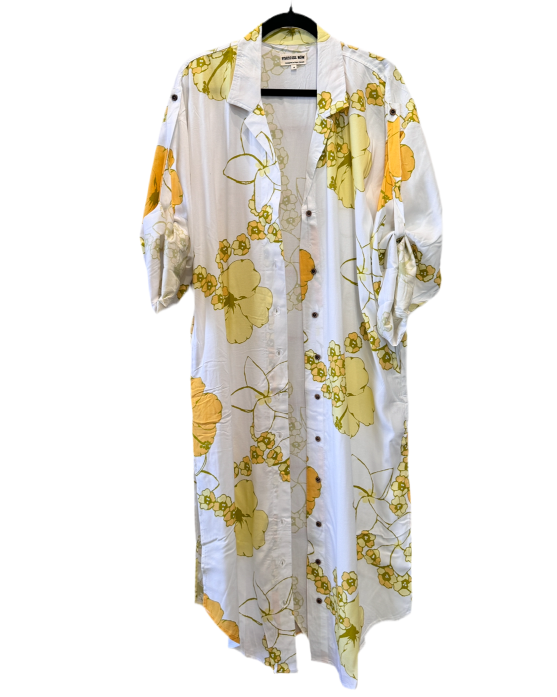 Floral shirt dress with yellow flowers on a white background