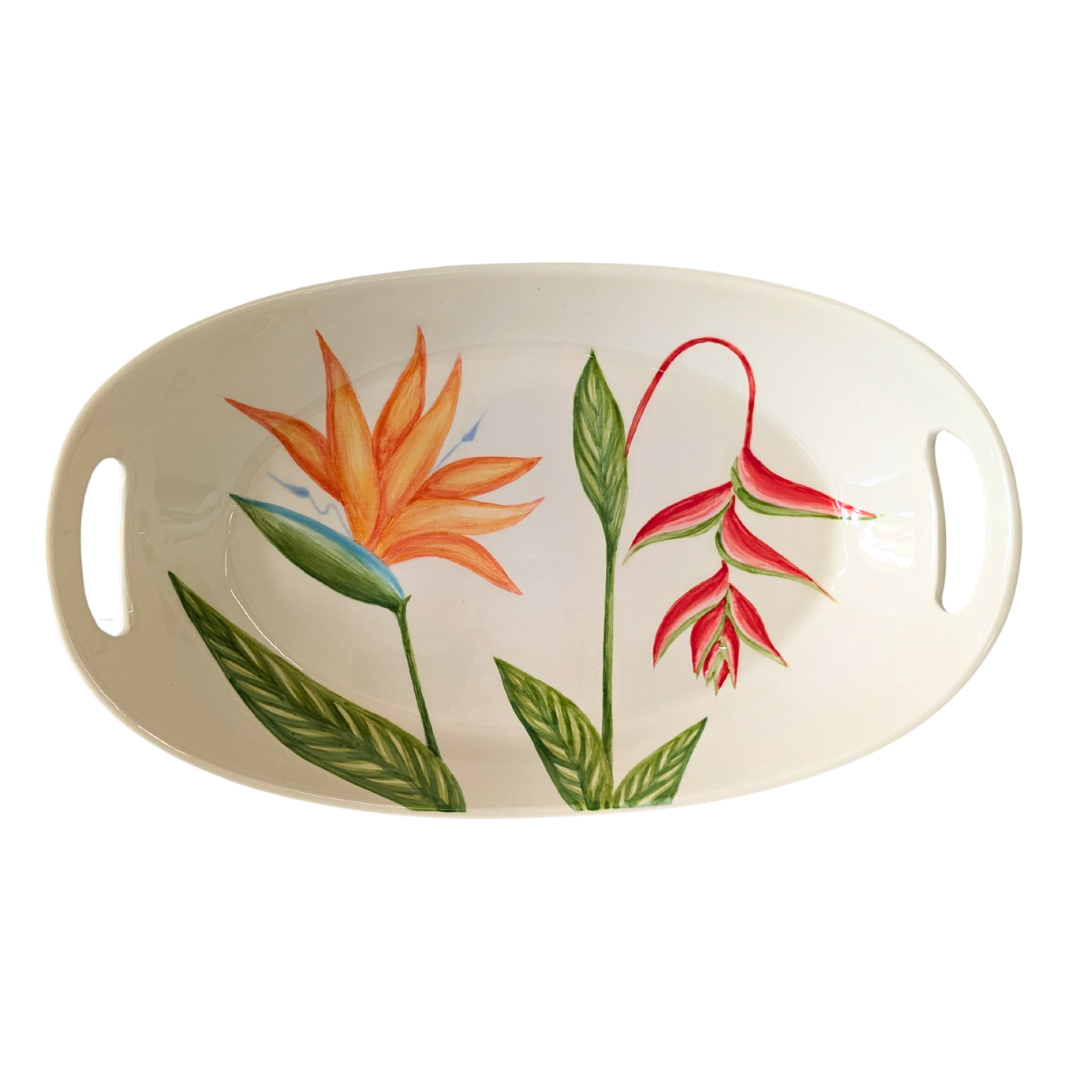 Oval Platter with Handles Tropical Flower