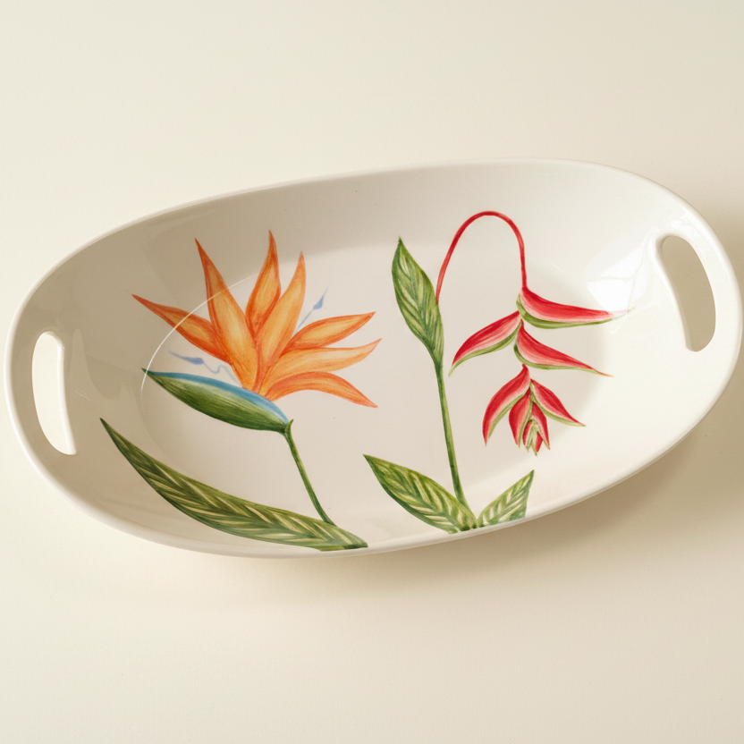 Oval Platter with Handles Tropical Flower