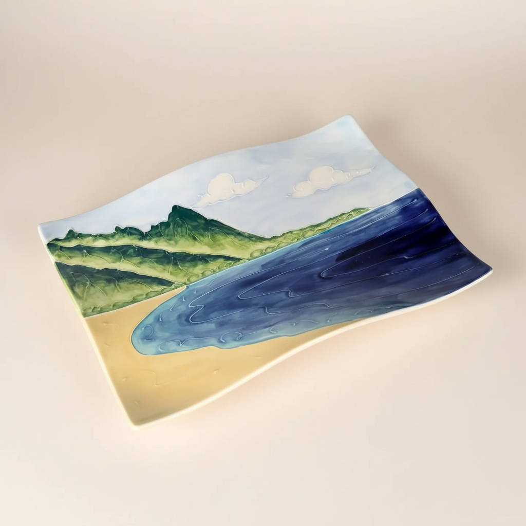 A rectangular dinner plate with hand-painted designs, predominantly featuring blue and green colors, of Bali Hai on the north shore of kauai