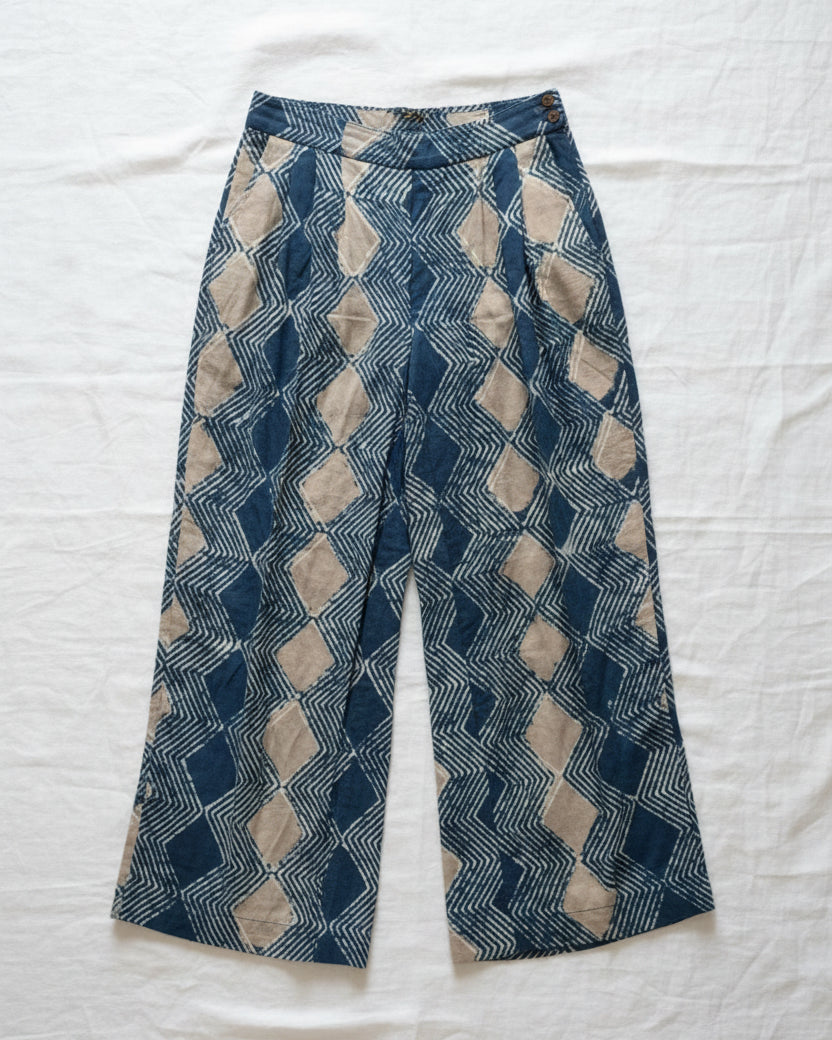 A pair of pants with a geometric pattern, featuring a mix of blue and beige colors