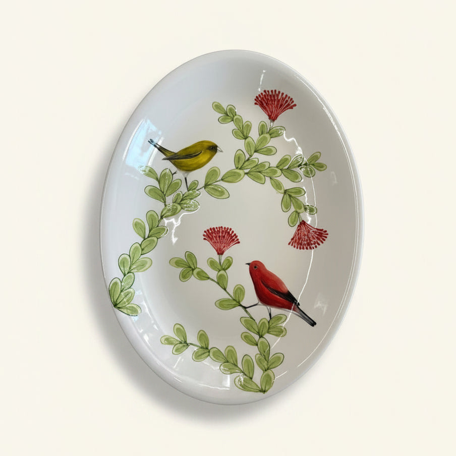Decorative plate with birds and flowers on a white background