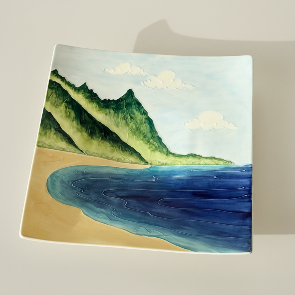 Square plate painted with Bali Hai mountain range from north shore Kauai