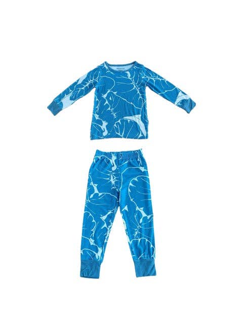 Children's blue leaf-patterned pajama set on a white background