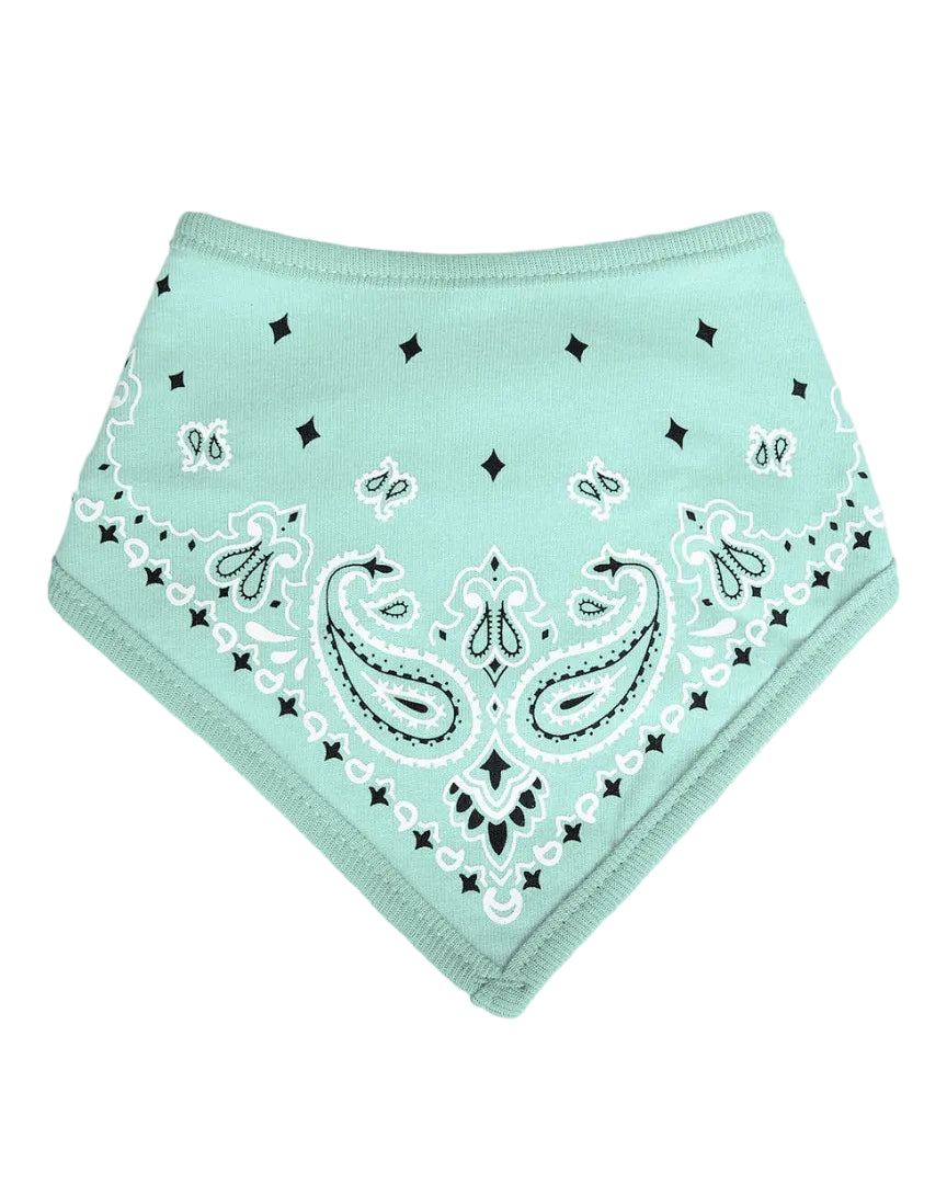 Mint green bandana with white paisley pattern on a white background