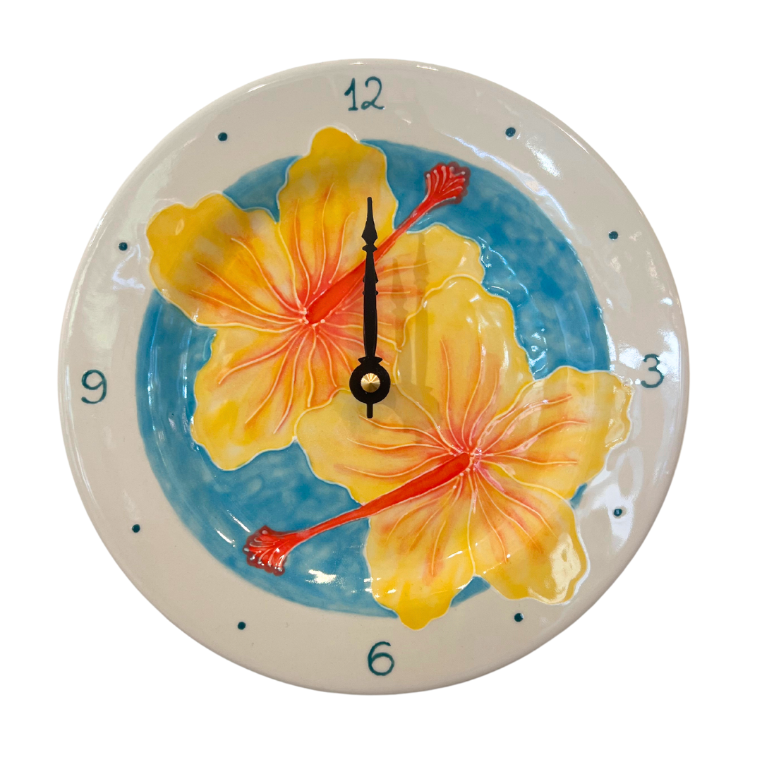 Round Plate Clock Hibiscus