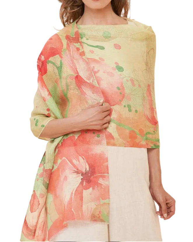 Woman wearing a floral print scarf on a white background
