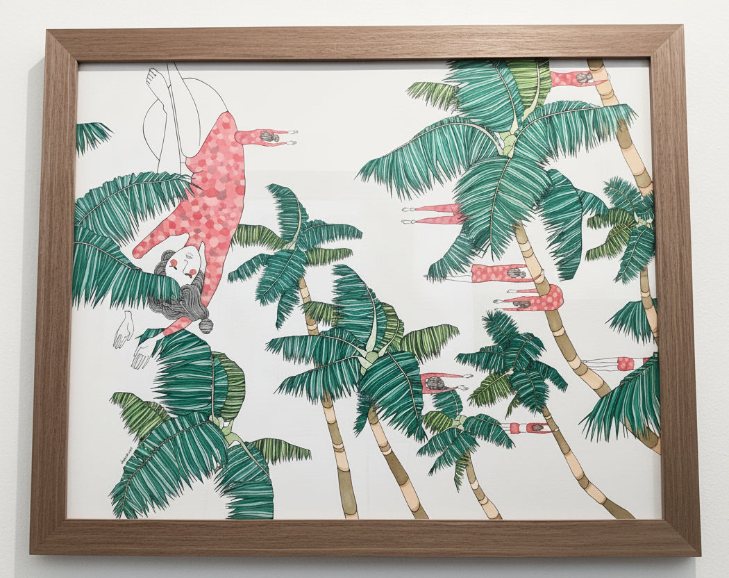 Framed artwork with tropical design featuring palm trees and girls blowing in the wind