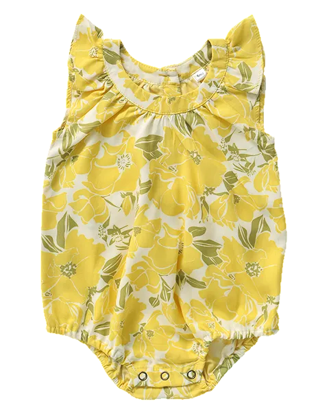 Yellow floral baby romper on a white background