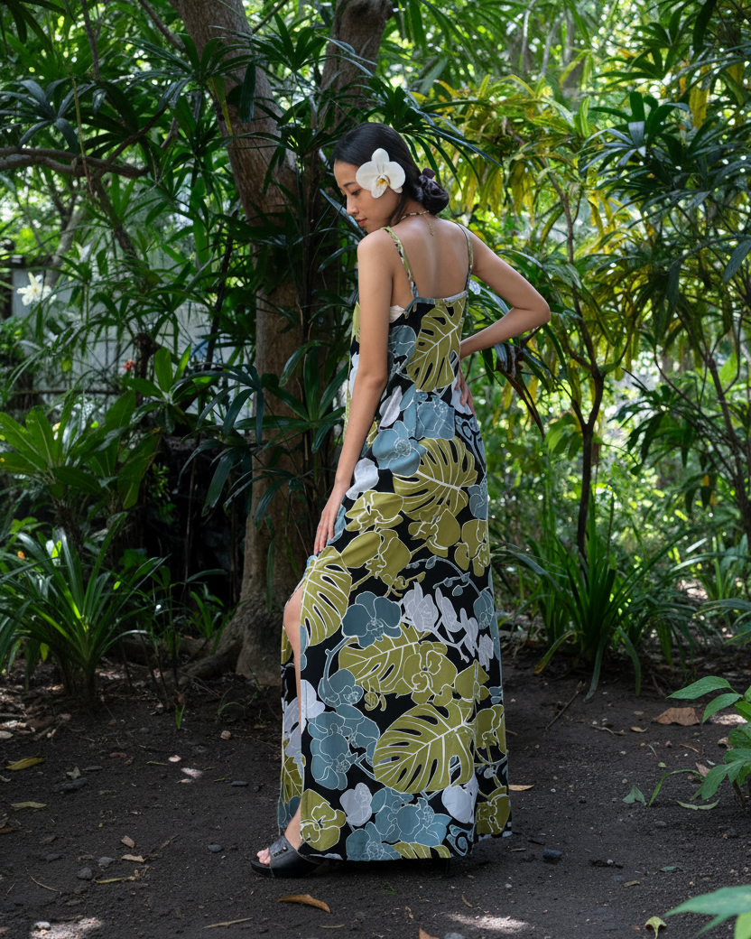 Woman wearing a floral dress in a tropical setting