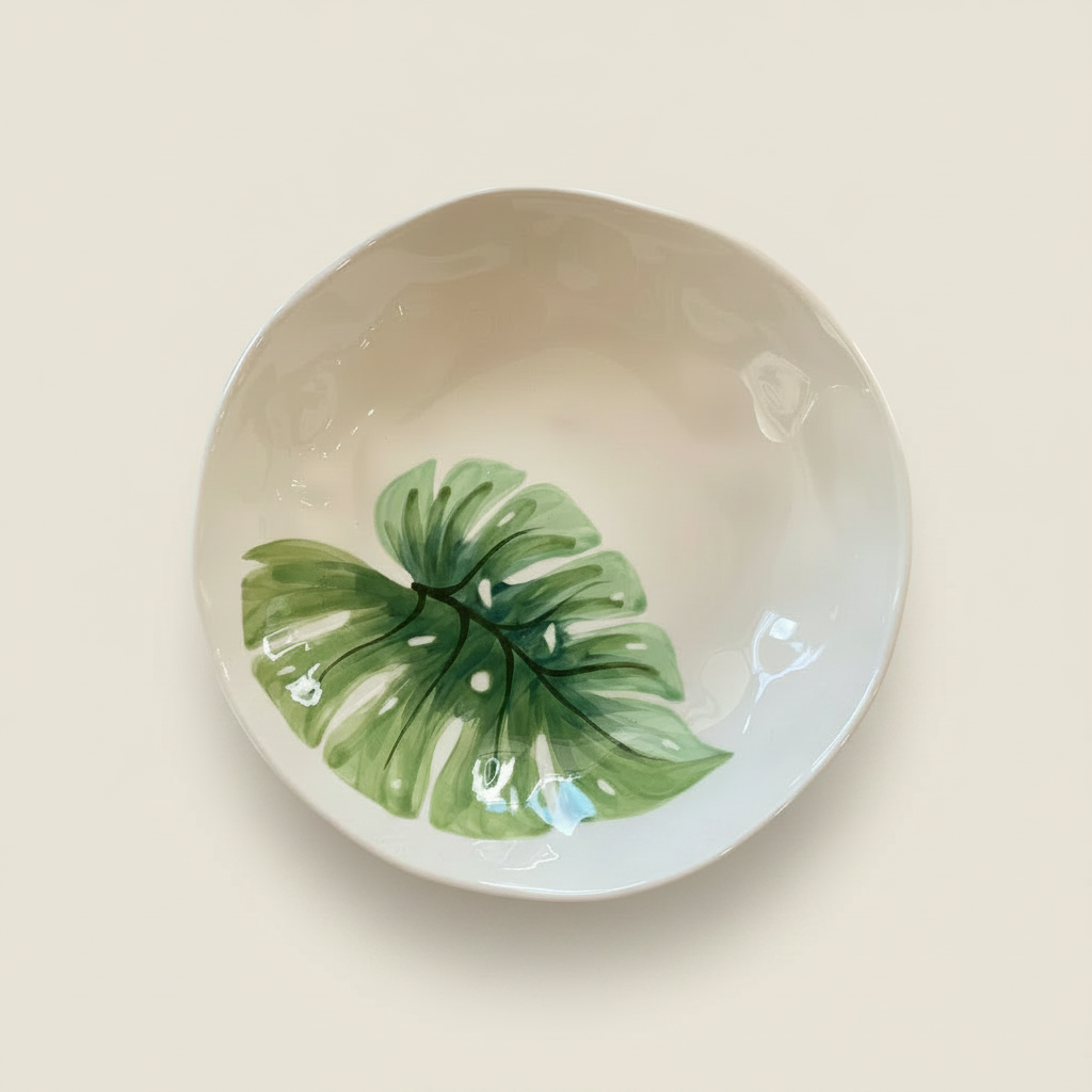 Ceramic bowl with green leaf design on a white background