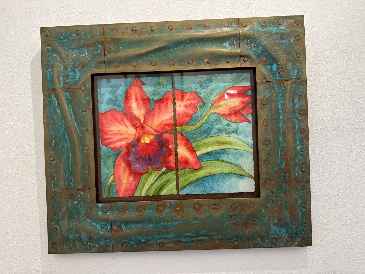Red Cattleya Diptych (Giclée) Framed in copper