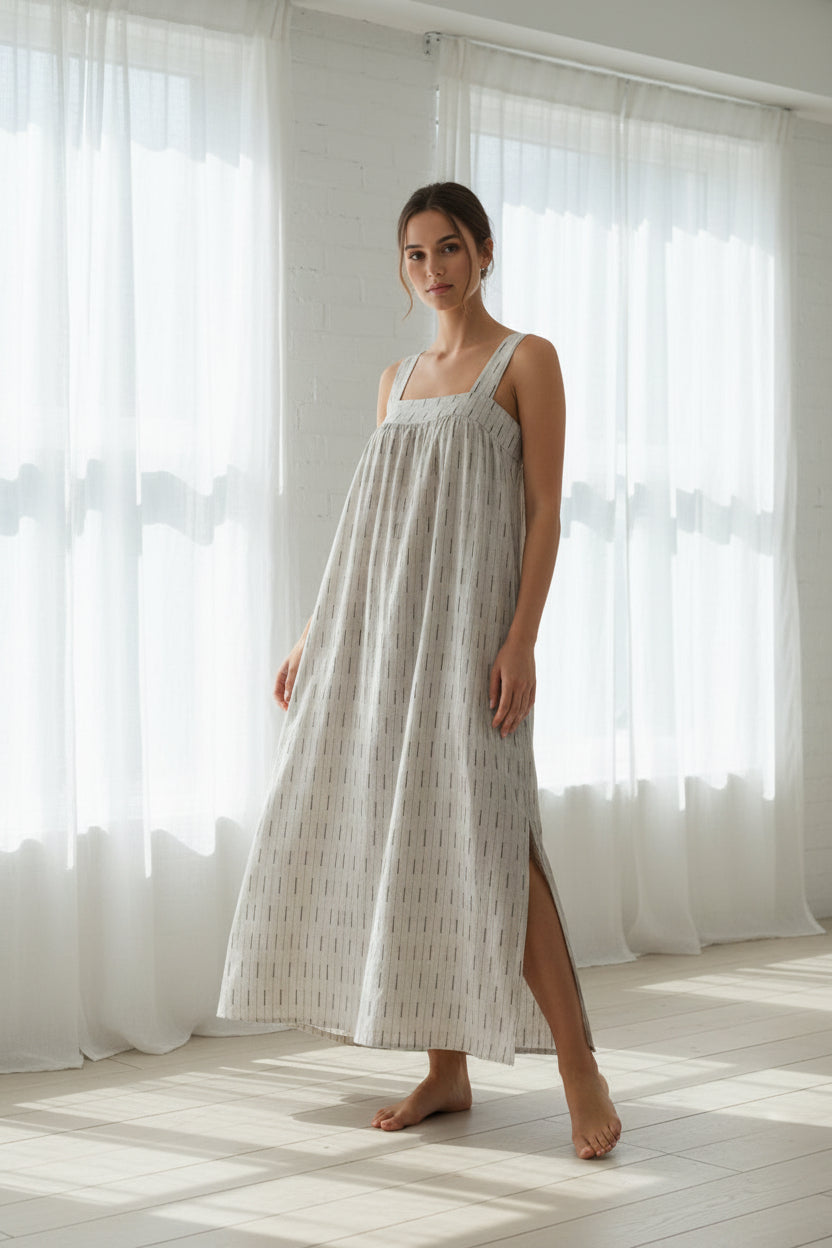 Off white embroidered linen dress on a woman