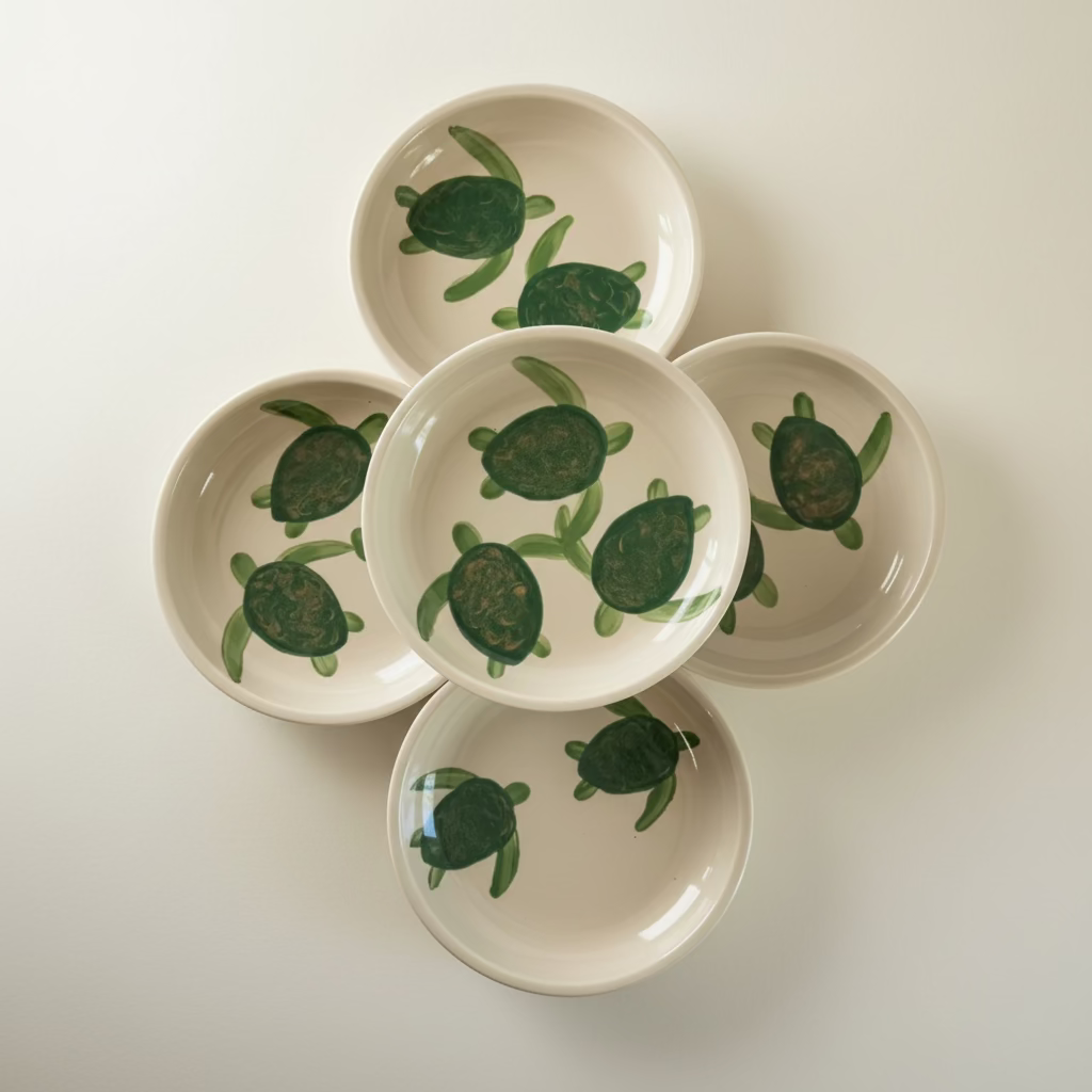 A collection of hand-painted Celadon turtle trinket dishes arranged together, featuring various turtle designs on a beige plate.