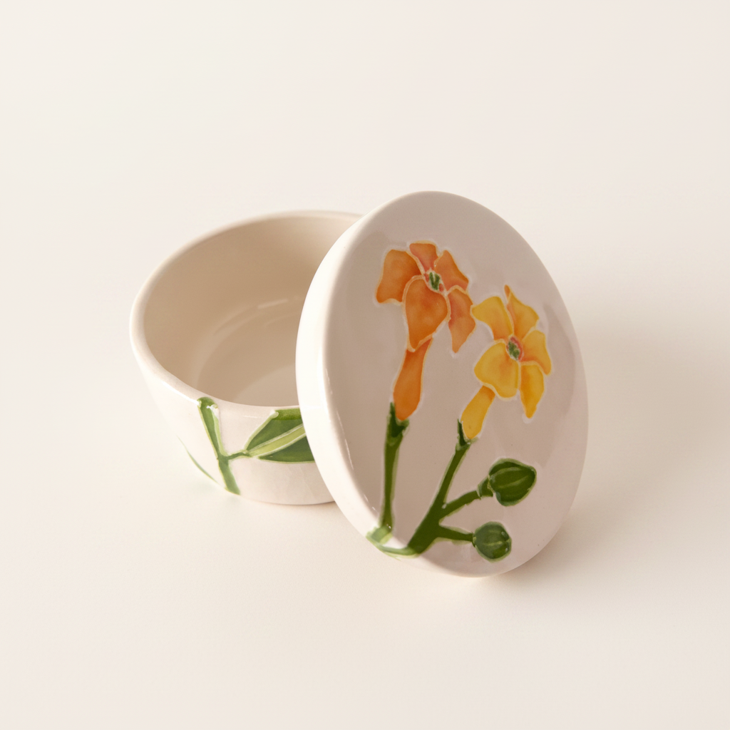 Ceramic container with floral design on lid and body, on a white background
