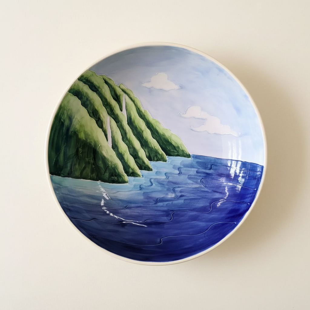 A hand-painted ceramic pasta bowl with a scenic design of a coastal landscape featuring green hills and blue waters.
