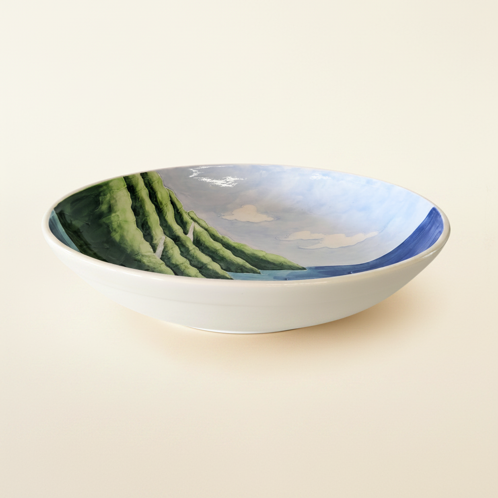Side view of a pasta bowl on a white background