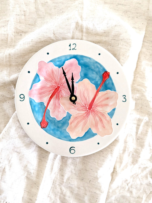 Round Plate Clock Hibiscus