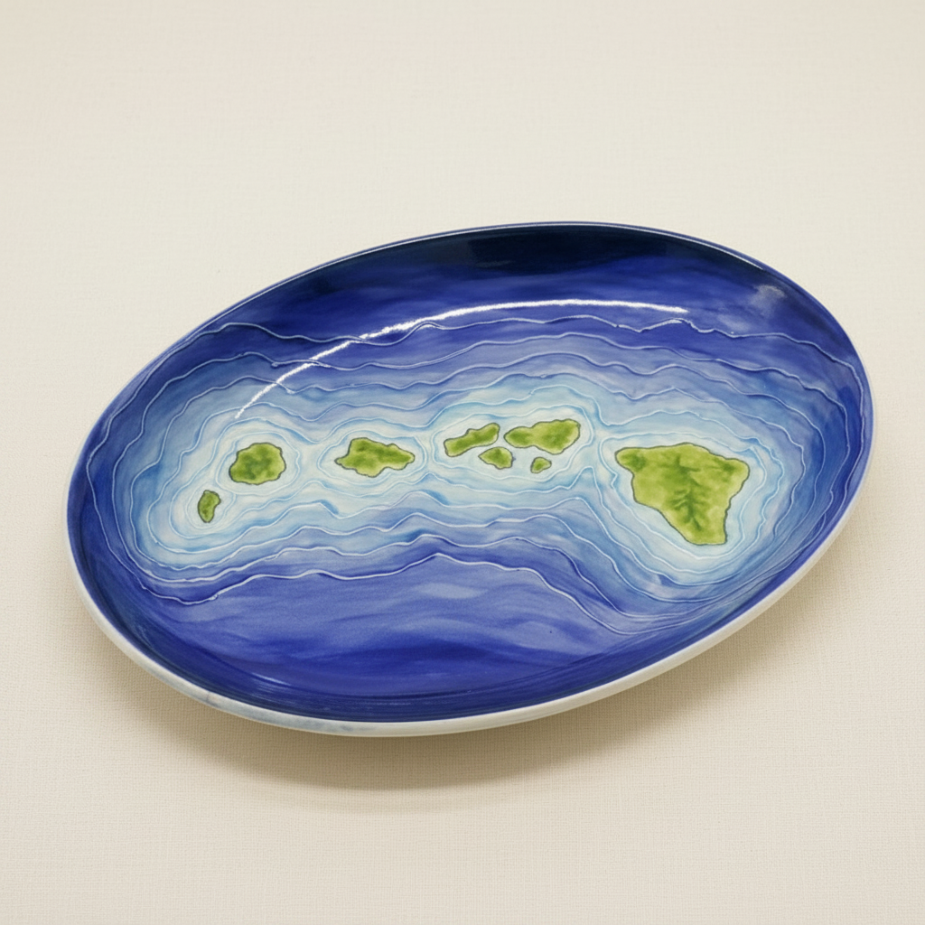 An oval ceramic serving platter featuring a hand-painted map design of the Hawaiian Islands, with blue ocean waves and green islands, set against a solid cream background.