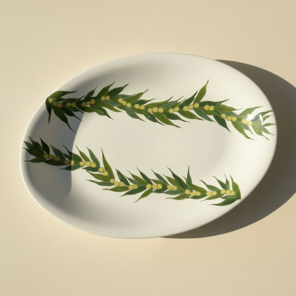 An oval-shaped beige decorative platter with hand-painted green maile patterns.