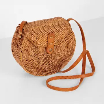 Round Ata Rattan Bag with Flap Bali Bag Straw Boho Beach Bag