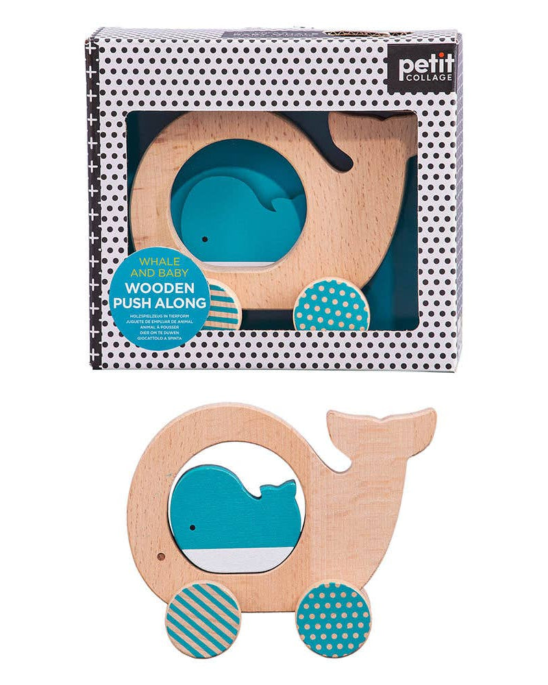 Packaged wooden whale toy with blue accents on a white background, featuring a simple, circular shape for young children to push along.