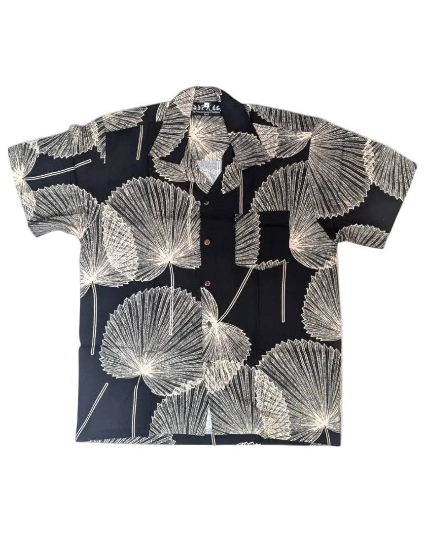 Black shirt with white floral pattern on a white background