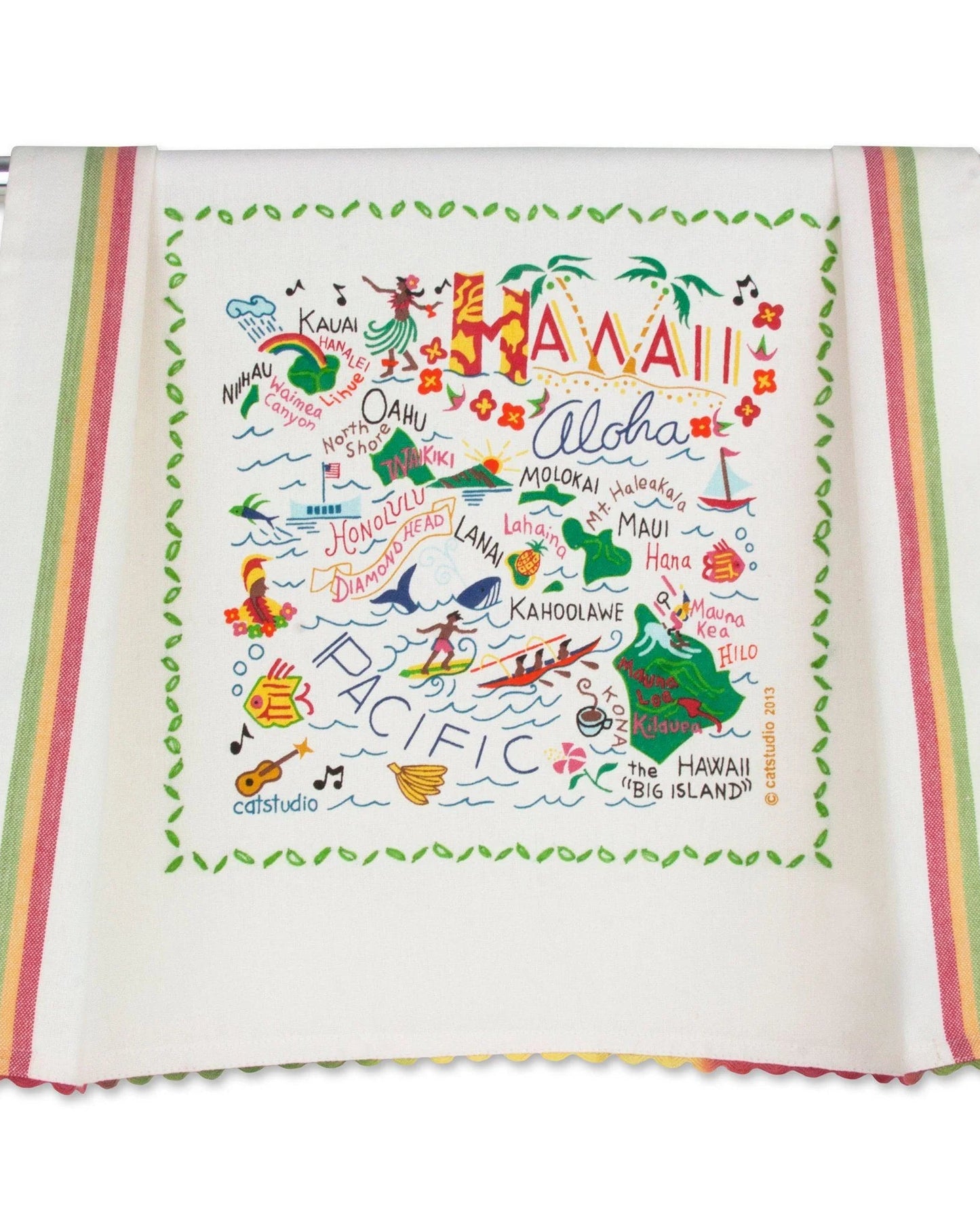 Decorative towel with Hawaiian-themed design on a white background