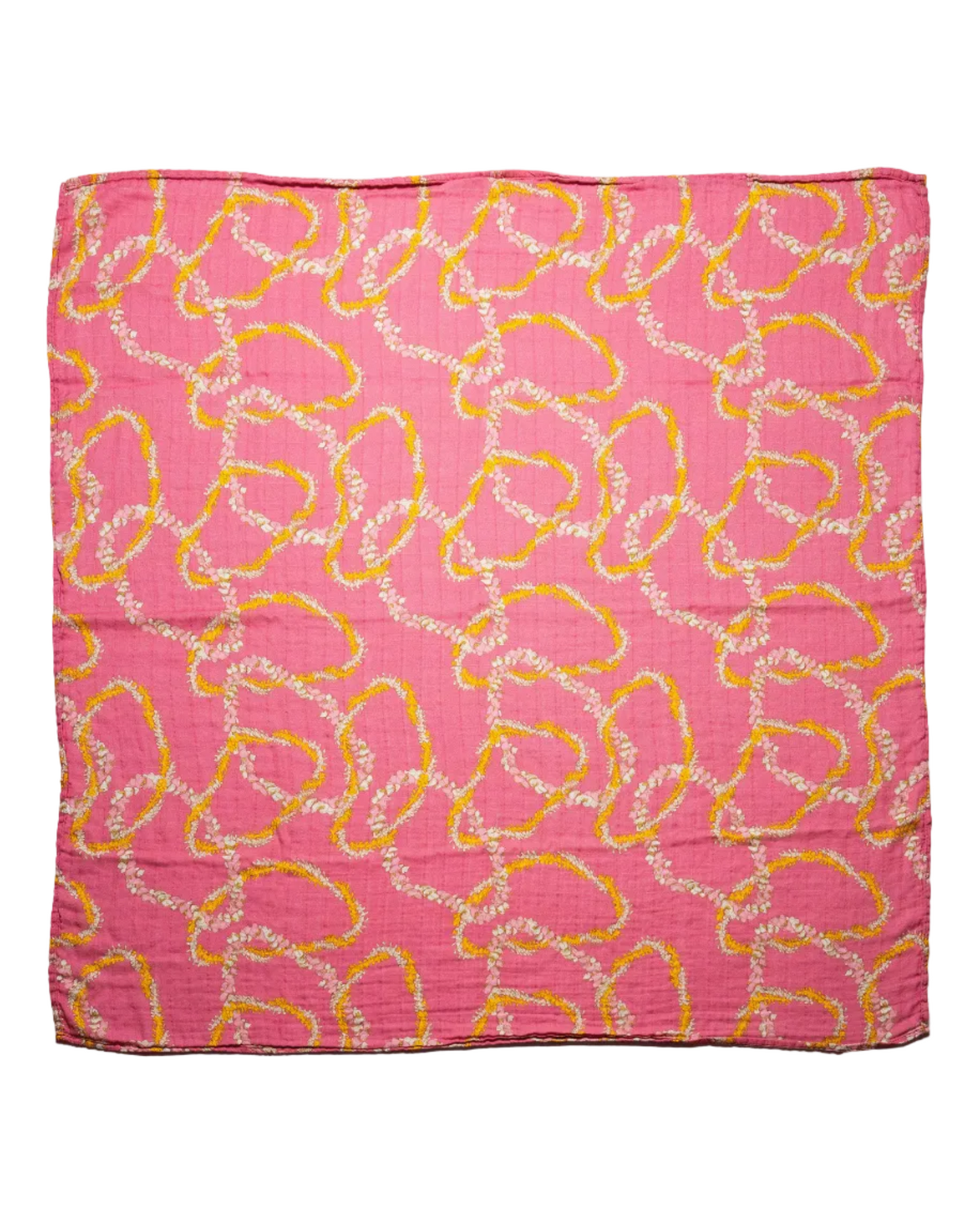 Pink fabric with yellow and white abstract pattern on a white background