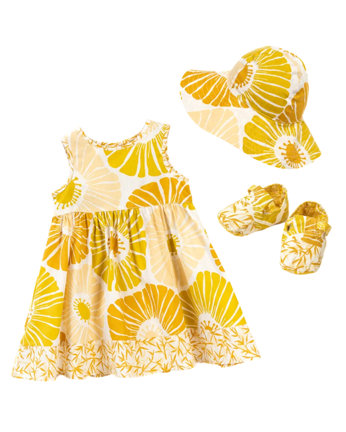 Yellow and white floral dress with matching hat and shoes on a white background