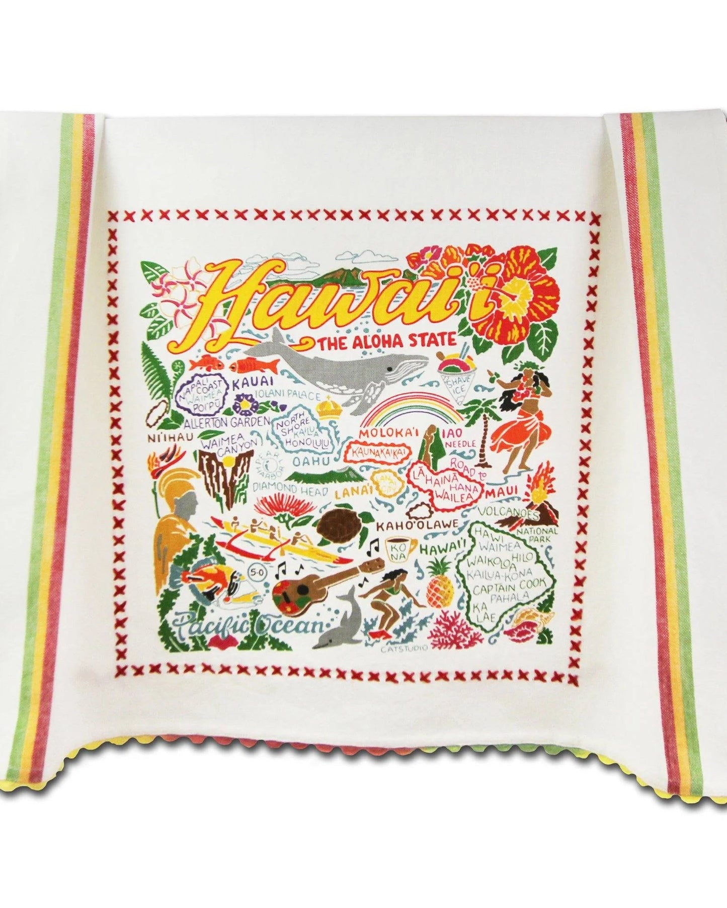 Decorative towel with Hawaii-themed design featuring text and illustrations on a white background