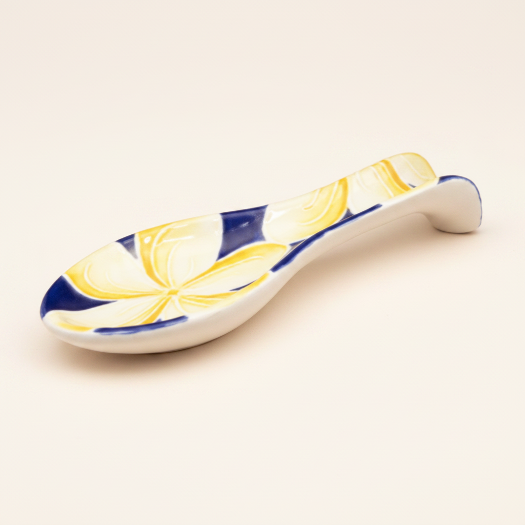 A white ceramic spoon rest decorated with a yellow and navy blue floral pattern, shown on a plain beige background.