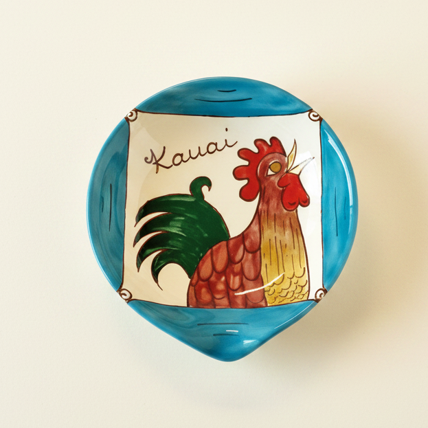 A round ceramic bowl with a turquoise blue rim and a hand-painted central design featuring a rooster and the word 'Kauai' on a cream background.