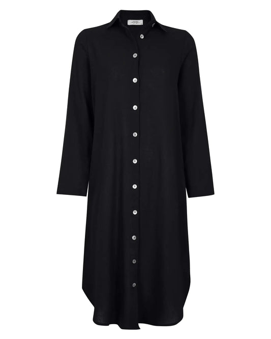 Black button-up dress on a white background