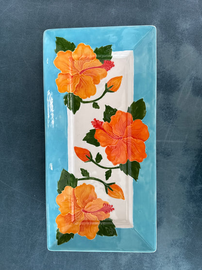 Angled Rim Rectangular Platter Hibiscus