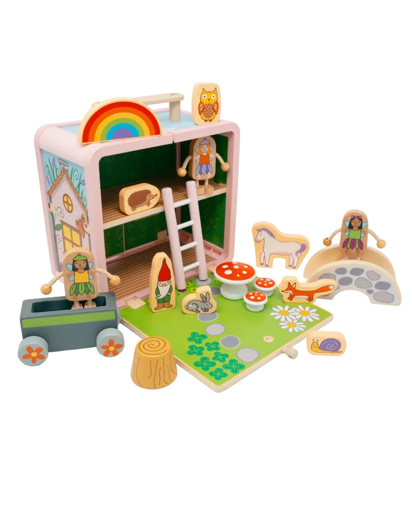 Wooden fairy tale playset with various characters and elements on a white background