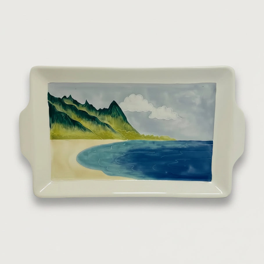 White tray with hand painted depiction of mountain range "Bali Hai" from the north shore of Kauai