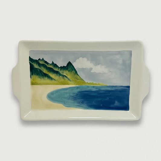 White tray with hand painted depiction of mountain range "Bali Hai" from the north shore of Kauai